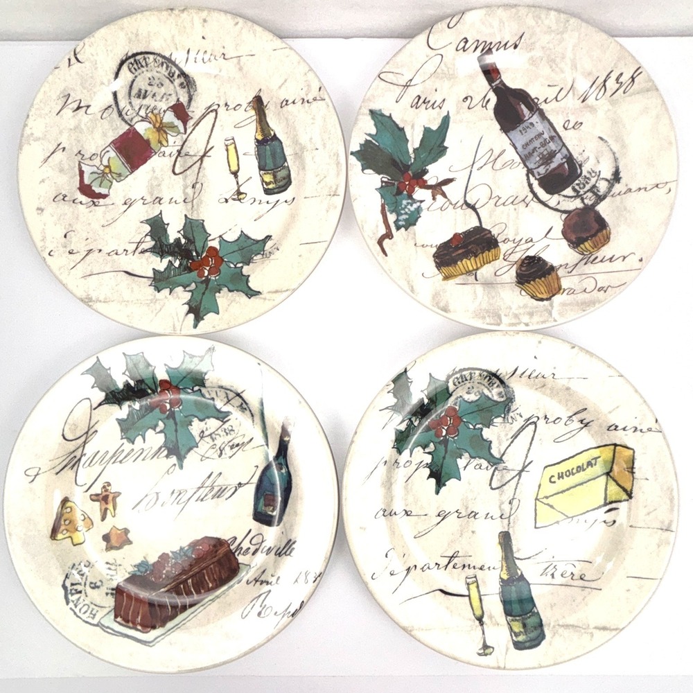 Williams-Sonoma Holiday Party Dessert Plates Set of 4 Christmas Holly Wine 8.75”